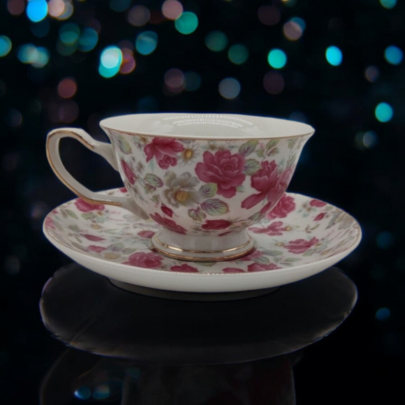 Grace's Teaware Victorian Charm Cup and Saucer Set Pink Floral Blooming Roses - Picture 4 of 11